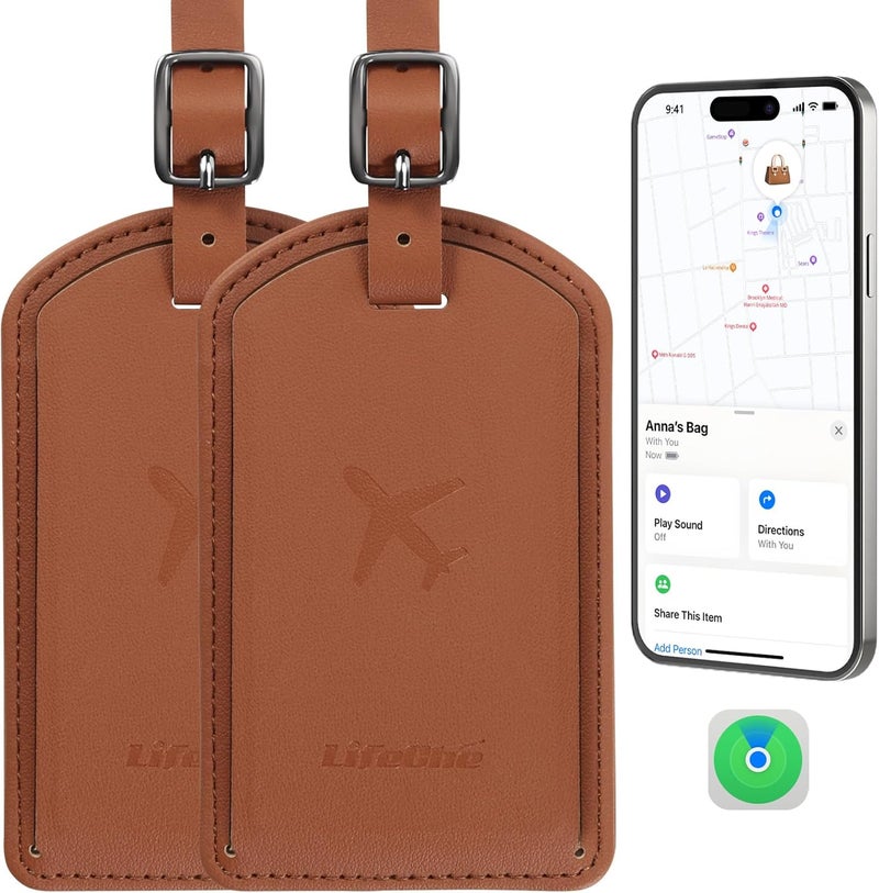 LifeChé Luggage Tags Built-in Anti-Loss Tracker, Luxury Leather Luggage Tags for Suitcase, Travel Bags, Backpacks, Travel Organizer for Lost Baggage Prevention (Brown*2 Pack) - Image 1